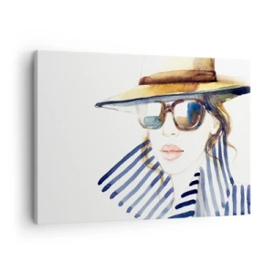 Bild auf Leinwand - Leinwandbild - Porträt einer Frau mit Hut und Sonnenbrille - 70x50cm - Florida heißt Sie willkommen! - Moderne Wanddekoration für Wohnzimmer und Schlafzimmer ARTTOR