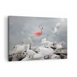 Bild auf Leinwand - Leinwandbild - Ein rosa Flamingo zwischen weißen Schwänen vor der Kulisse eines Sees - 100x70cm - Wie kam ich hier hin? - Moderne Wanddekoration für Wohnzimmer und Schlafzimmer ARTTOR