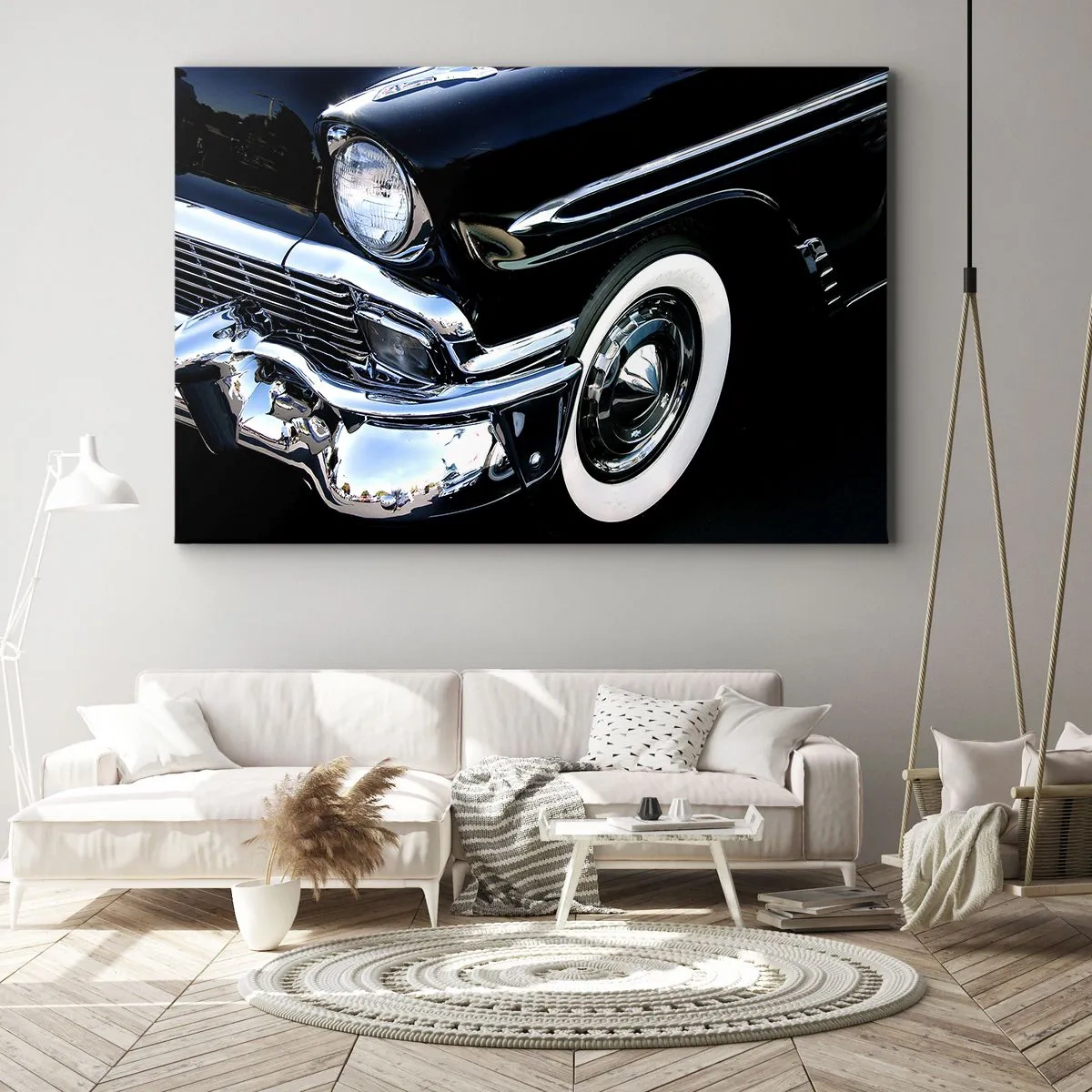 Bild auf Leinwand - Leinwandbild - Schwarzer Oldtimer, Nahaufnahme von Scheinwerfer und Kotflügel - 120x80cm - Klassiker in Silber, Schwarz und Weiß - Moderne Wanddekoration für Wohnzimmer und Schlafzimmer ARTTOR