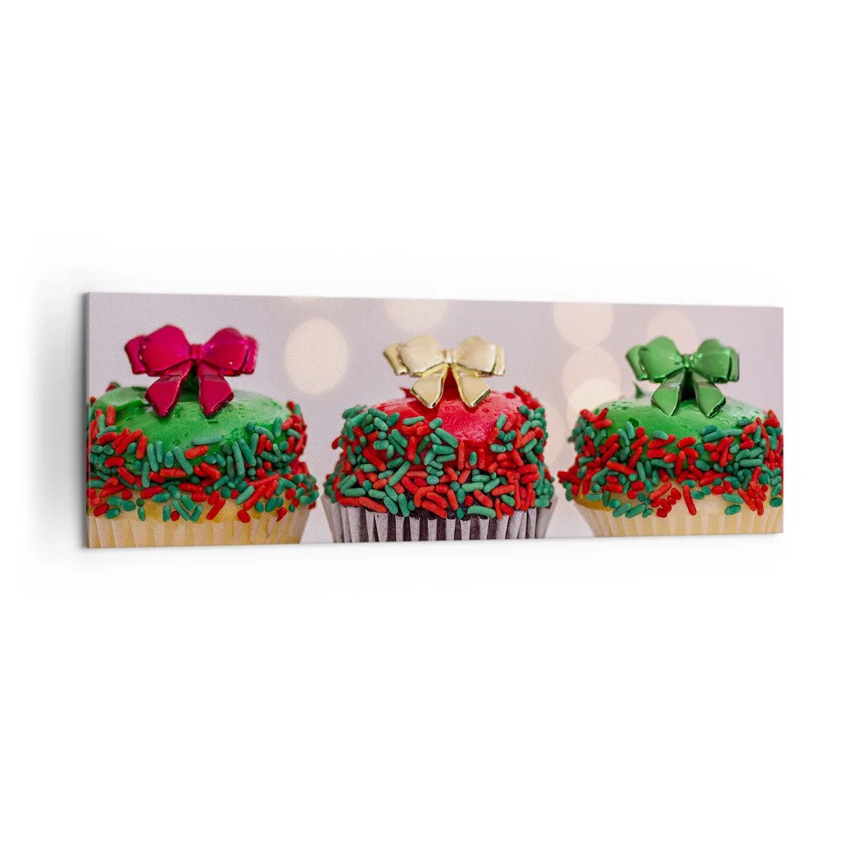 Bild auf Leinwand - Leinwandbild - Weihnachts-Cupcakes mit bunten Streuseln und Schleifen - 160x50cm - Süßigkeiten bis zu der Schleife - Moderne Wanddekoration für Wohnzimmer und Schlafzimmer ARTTOR