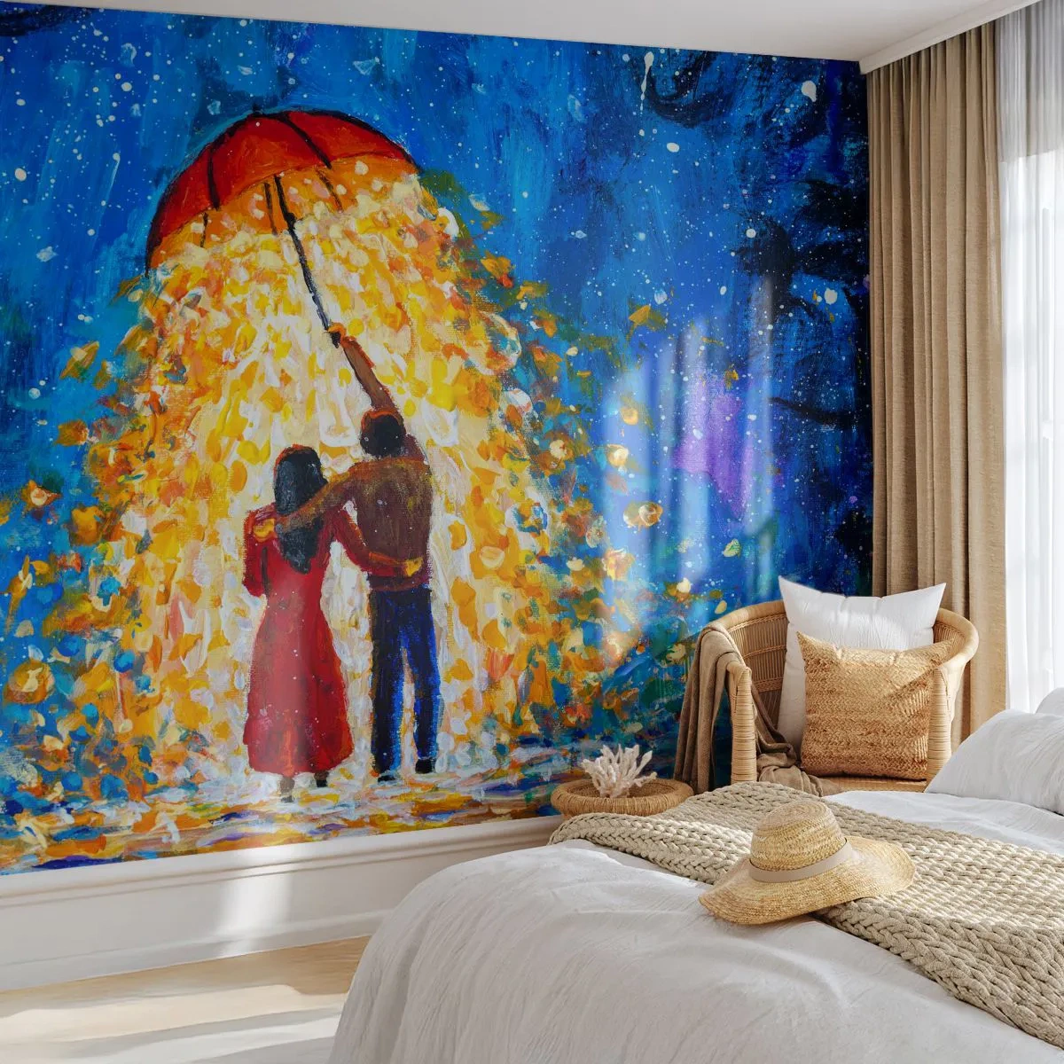 Fototapete Premium Sand - Ein verliebtes Paar unter einem Regenschirm im Licht der Farben - 100x70cm - Zauber eines Regenabends? - Moderne Wanddekoration für Wohnzimmer und Schlafzimmer ARTTOR