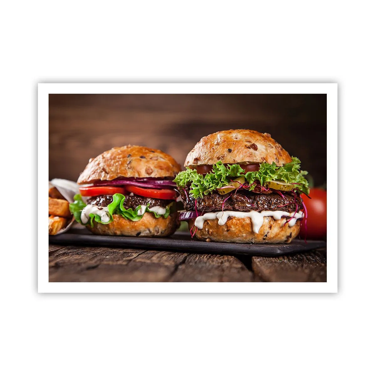 Poster - Appetitliche Burger mit Gemüse und Sauce - 100x70cm - Amerikanischer Traum - Moderne Wanddekoration für Wohnzimmer und Schlafzimmer ARTTOR