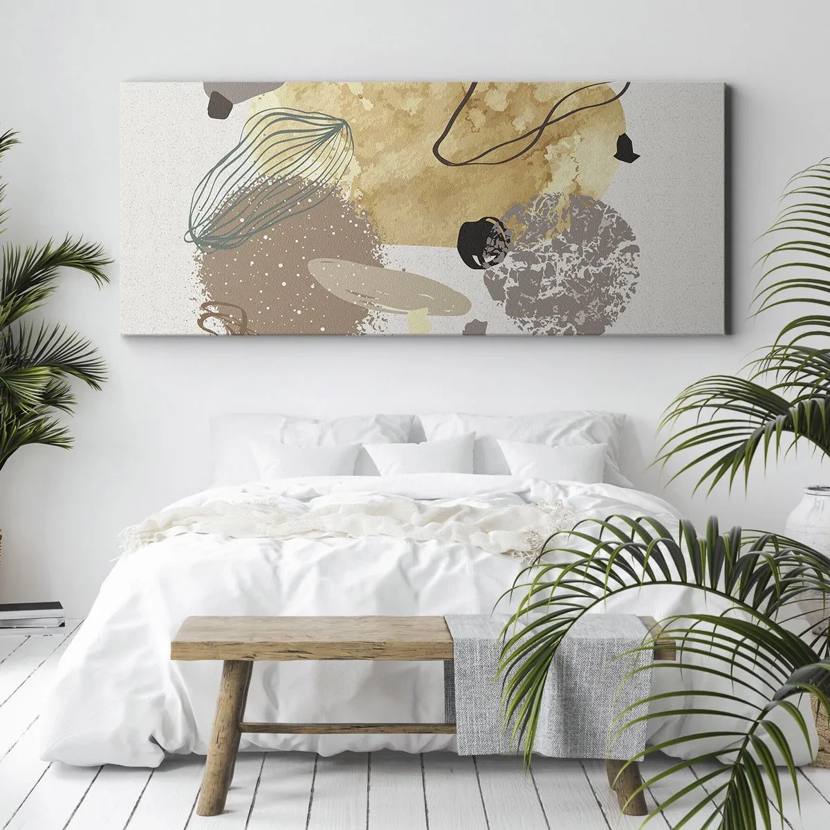 Bild auf Leinwand - Leinwandbild - Eine Komposition aus abstrakten Formen in Beige und Gelb. - 140x50cm - Angewandte Plumkologie - Moderne Wanddekoration für Wohnzimmer und Schlafzimmer ARTTOR