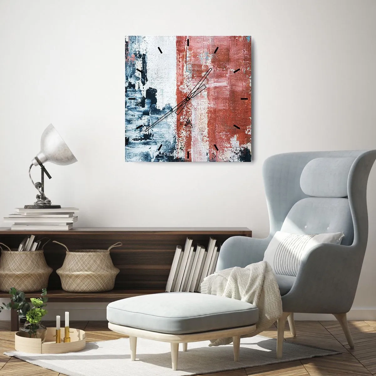 Wanduhr - Glasuhr - Abstraktion in Weiß-, Blau- und Ziegelfarben - 30x30cm - Fünfzig-Fünfzig abstrakt - Moderne Wanddekoration für Wohnzimmer und Schlafzimmer ARTTOR