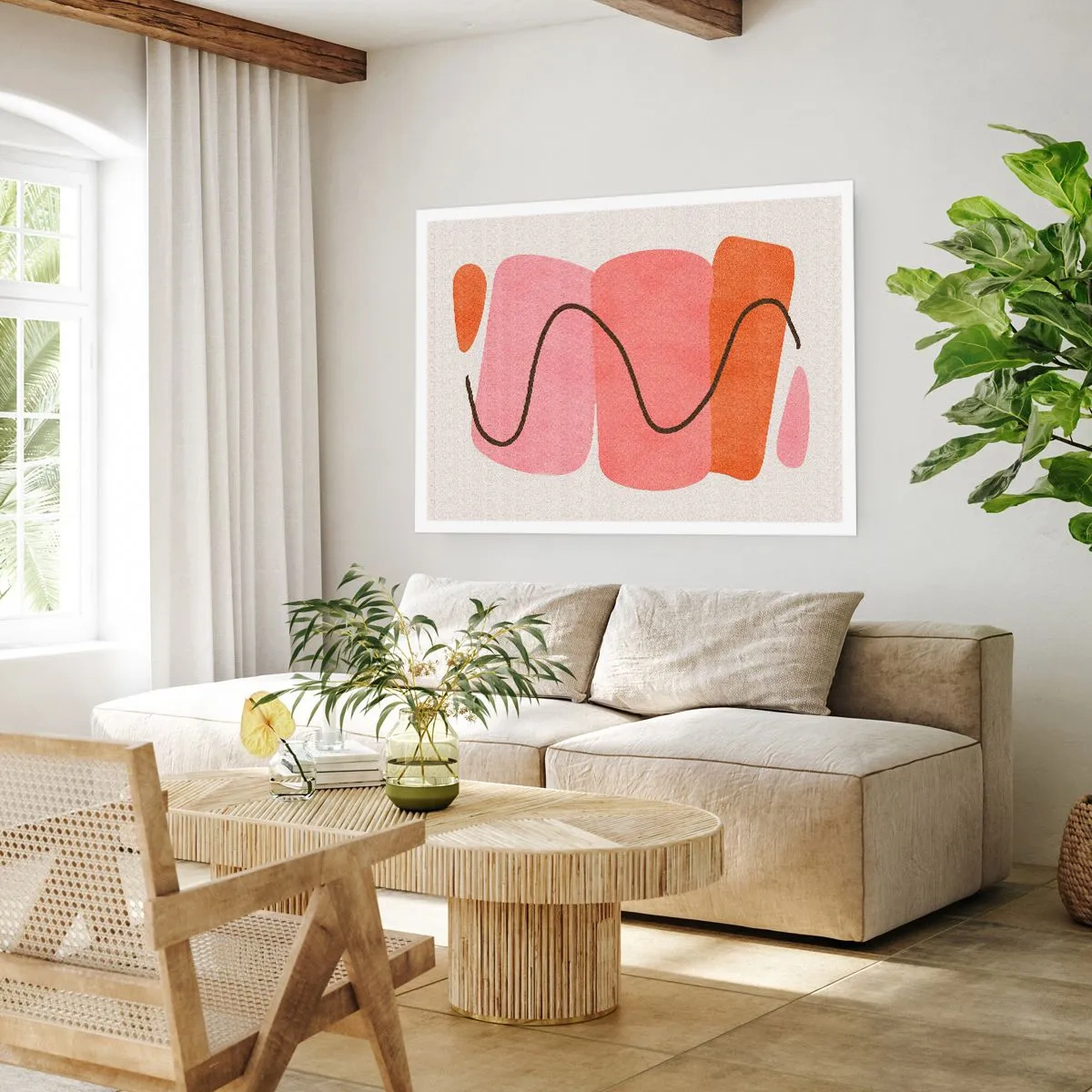 Poster - Abstrakte Formen in Rosa- und Orangetönen - 100x70cm - Sanfte Bewegung der Formen - Moderne Wanddekoration für Wohnzimmer und Schlafzimmer ARTTOR