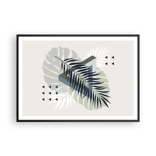 Poster in einem schwarzem Rahmen - Geometrische Komposition mit tropischen Blättern in Grüntönen - 100x70cm - Natur und Geometrie – zwei Ordnungen? - Moderne Wanddekoration für Wohnzimmer und Schlafzimmer ARTTOR
