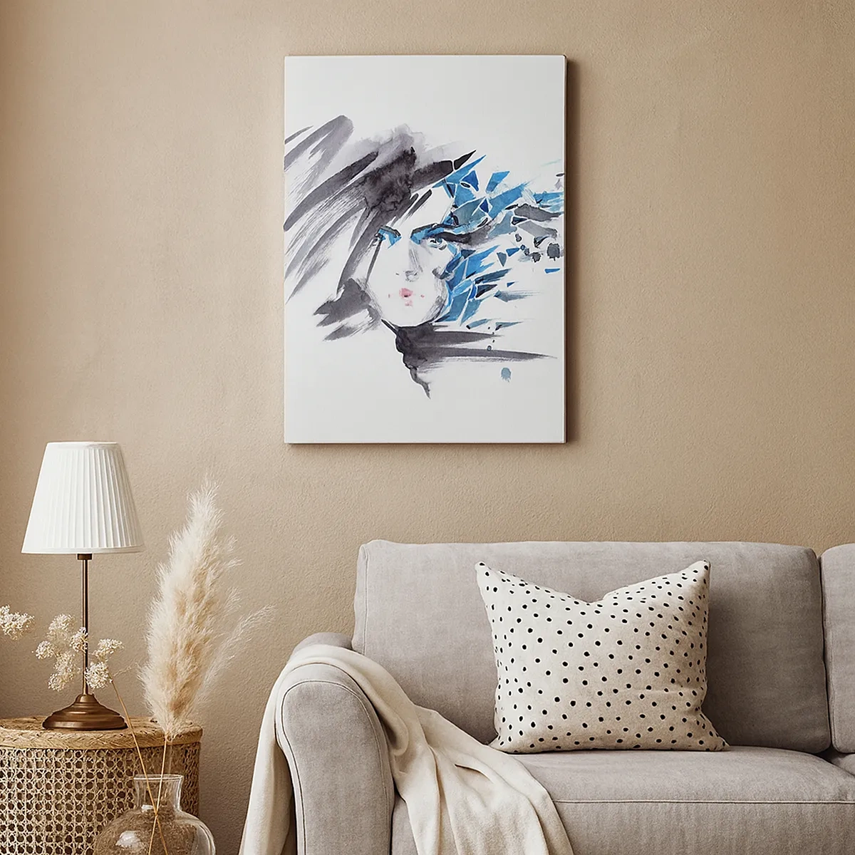 Bild auf Leinwand - Leinwandbild - Künstlerische Aquarell-Gesichtsbemalung mit blauen Akzenten - 50x70cm - Sinnliches Portrait in Grau und Blau - Moderne Wanddekoration für Wohnzimmer und Schlafzimmer ARTTOR