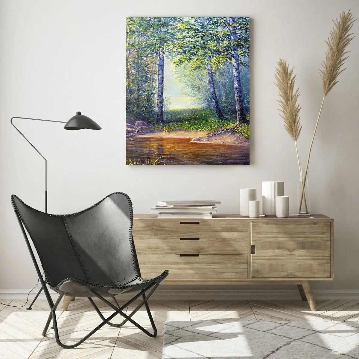 Glasbild - Bild auf glas - Ein Waldbach, umgeben von Bäumen in den Sonnenstrahlen - 50x70cm - Idyllische Landschaft - Moderne Wanddekoration für Wohnzimmer und Schlafzimmer ARTTOR