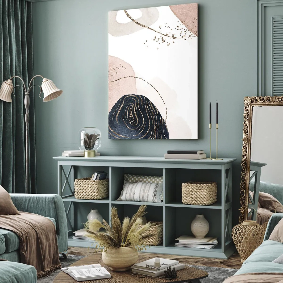 Bild auf Leinwand - Leinwandbild - Abstrakte Formen in Beige- und Marineblautönen mit goldenen Details - 50x70cm - Alles fließt - Moderne Wanddekoration für Wohnzimmer und Schlafzimmer ARTTOR