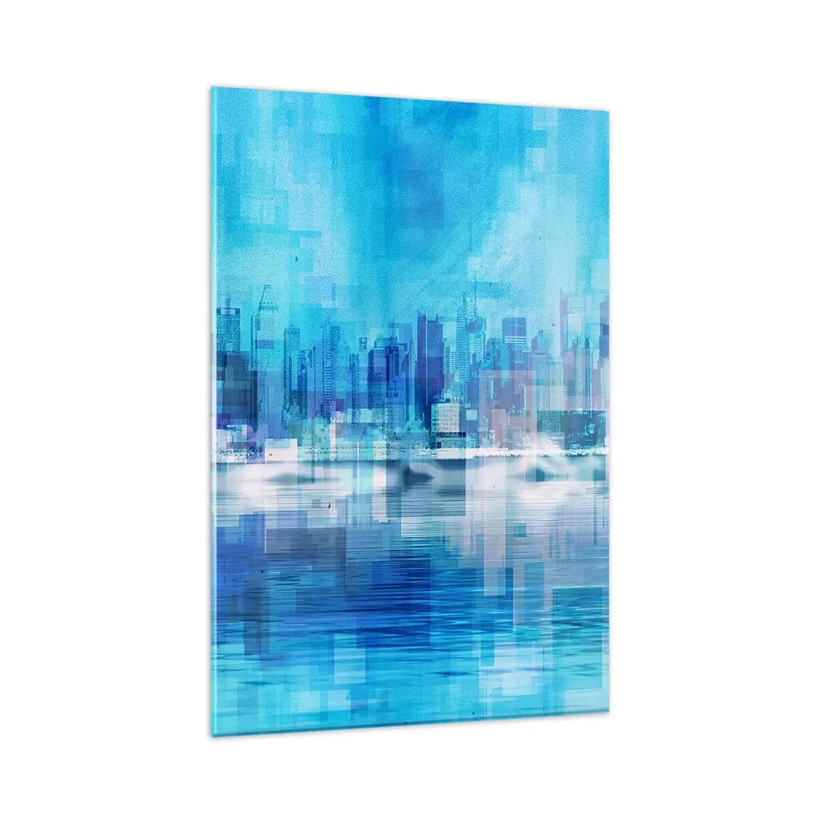 Glasbild - Bild auf glas - Abstraktes Stadtpanorama in Blautönen - 80x120cm - In Blau ertrunken - Moderne Wanddekoration für Wohnzimmer und Schlafzimmer ARTTOR