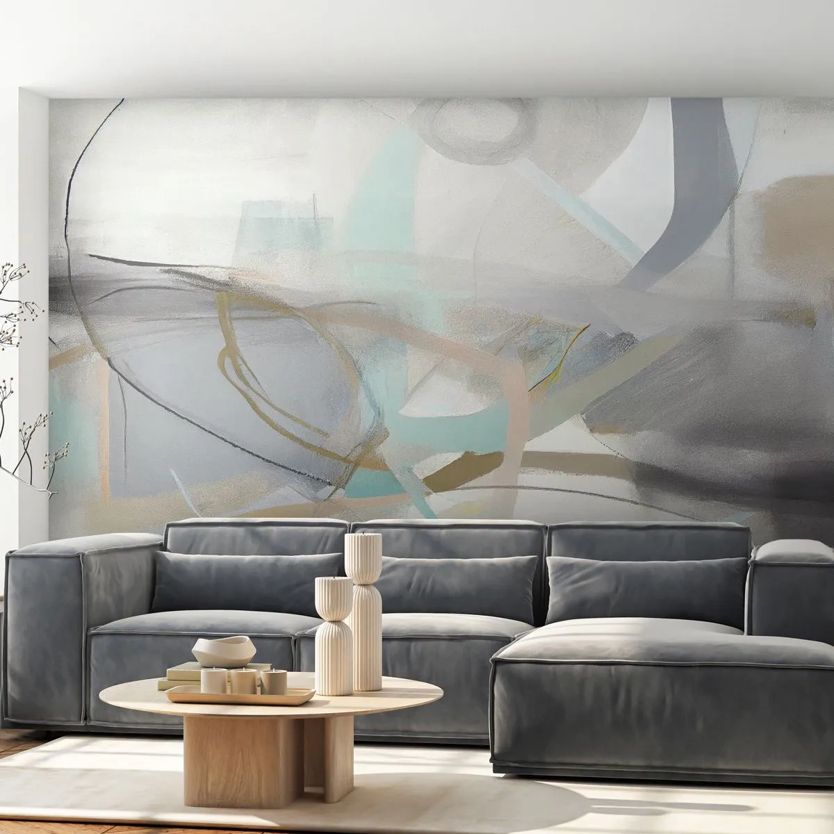 Fototapete Premium Canvas - Pastellabstraktion mit zarten Linien - 100x70cm - Neblige Abstraktion - Moderne Wanddekoration für Wohnzimmer und Schlafzimmer ARTTOR