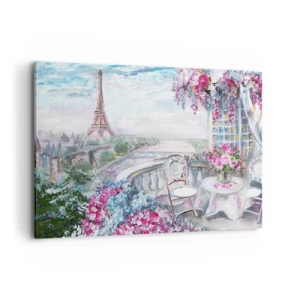 Bild auf Leinwand - Leinwandbild - Ein romantischer Blick auf Paris mit dem Eiffelturm und einem Balkon voller Blumen - 100x70cm - Am schönsten ist es hier im Mai - Moderne Wanddekoration für Wohnzimmer und Schlafzimmer ARTTOR
