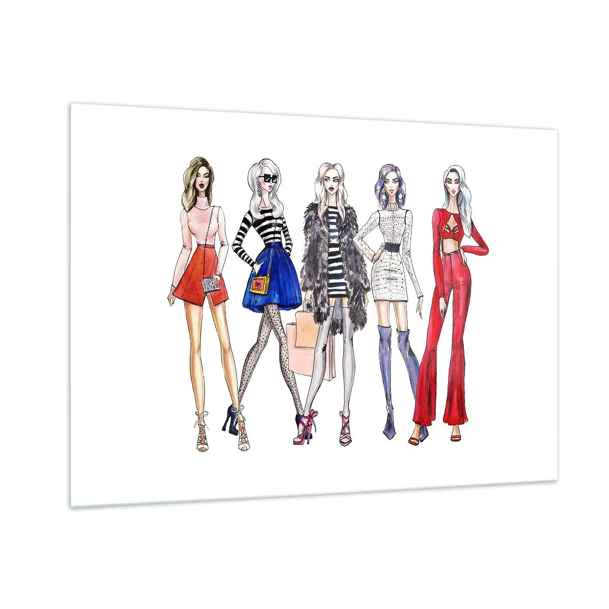 Glasbild - Bild auf glas - Modische Charaktere in stylischen Outfits in der Illustration - 100x70cm - Jede Woche Fashion Week - Moderne Wanddekoration für Wohnzimmer und Schlafzimmer ARTTOR