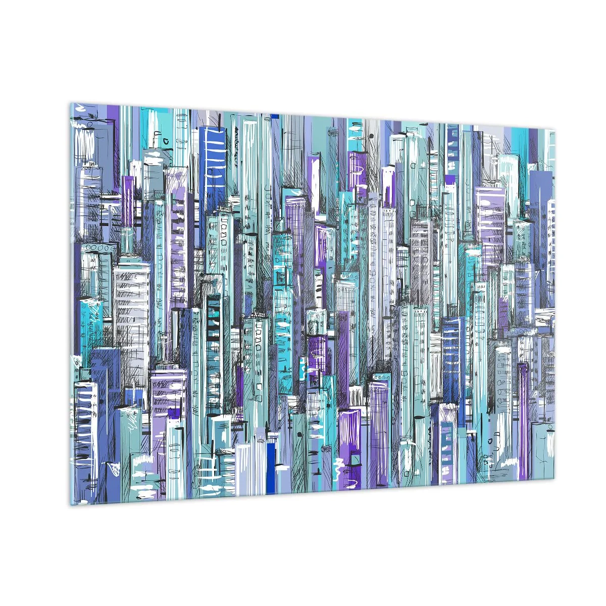 Glasbild - Bild auf glas - Illustration einer Stadt voller Wolkenkratzer in kühlen Farbtönen - 100x70cm - Bläulich von dem Himmel - Moderne Wanddekoration für Wohnzimmer und Schlafzimmer ARTTOR