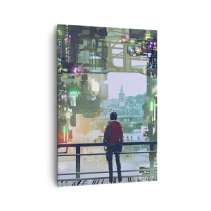 Bild auf Leinwand - Leinwandbild - Eine Figur in einer futuristischen Stadt mit Neonlichtern - 70x100cm - Zwei Welten - Moderne Wanddekoration für Wohnzimmer und Schlafzimmer ARTTOR
