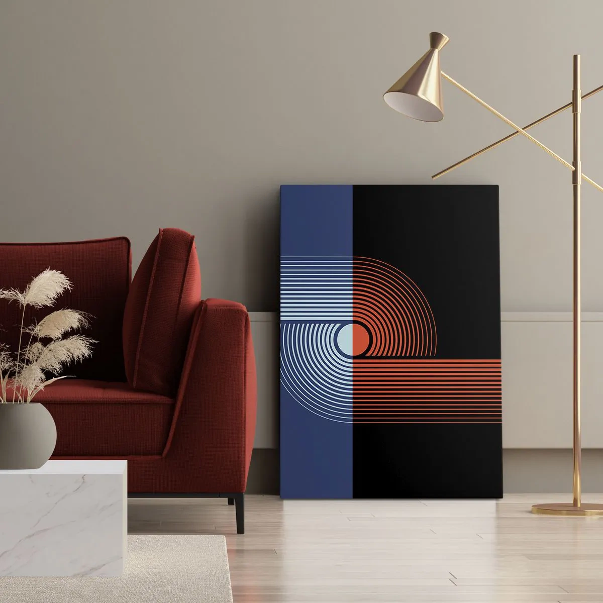 Bild auf Leinwand - Leinwandbild - Geometrische Abstraktion mit Linien in Marineblau und Orange. - 50x70cm - In einer geometrischen Umarmung - Moderne Wanddekoration für Wohnzimmer und Schlafzimmer ARTTOR