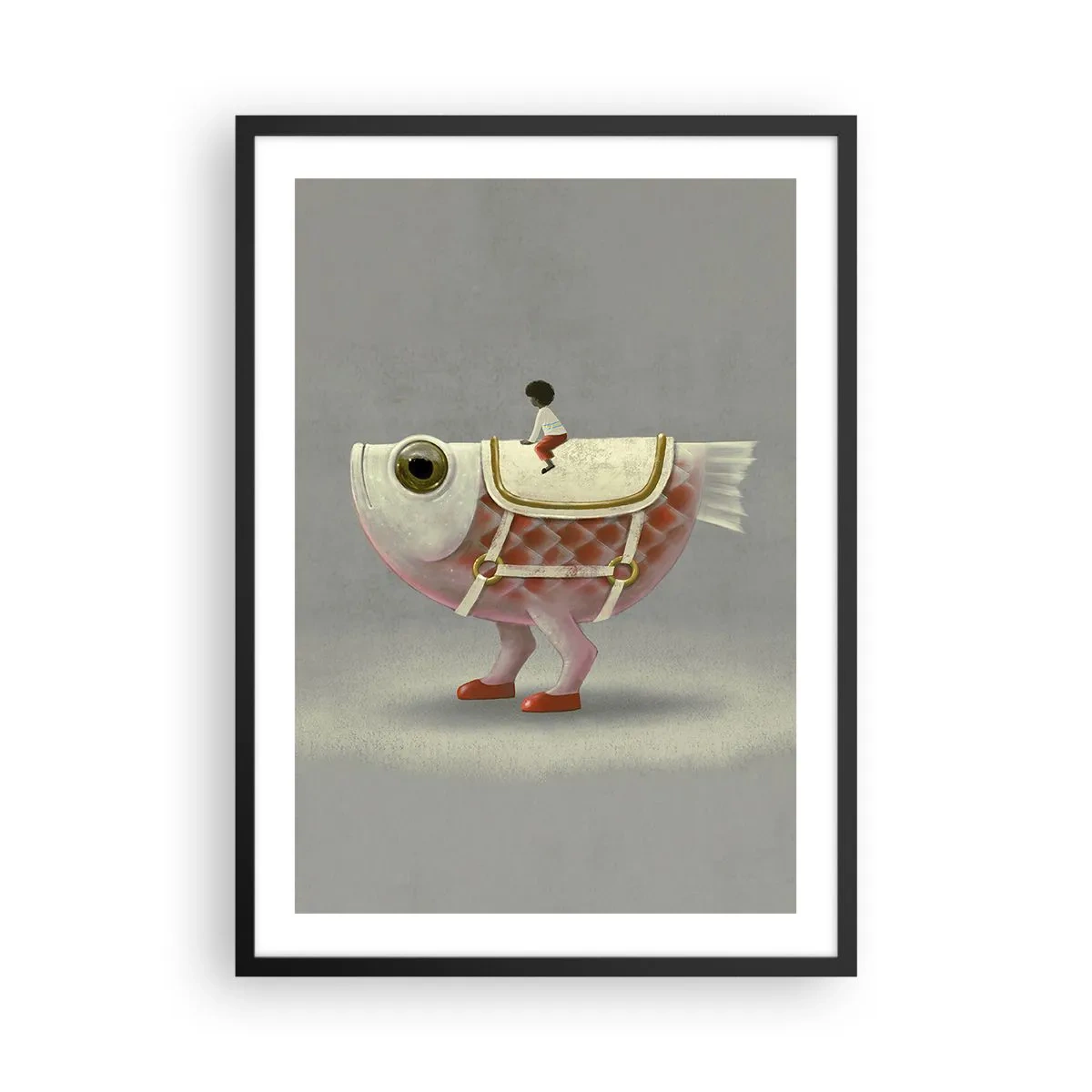 Poster in einem schwarzem Rahmen - Ein Fantasiefisch mit Sattel und Figur auf grauem Hintergrund - 50x70cm - Reiter auf einem surrealen Fisch - Moderne Wanddekoration für Wohnzimmer und Schlafzimmer ARTTOR