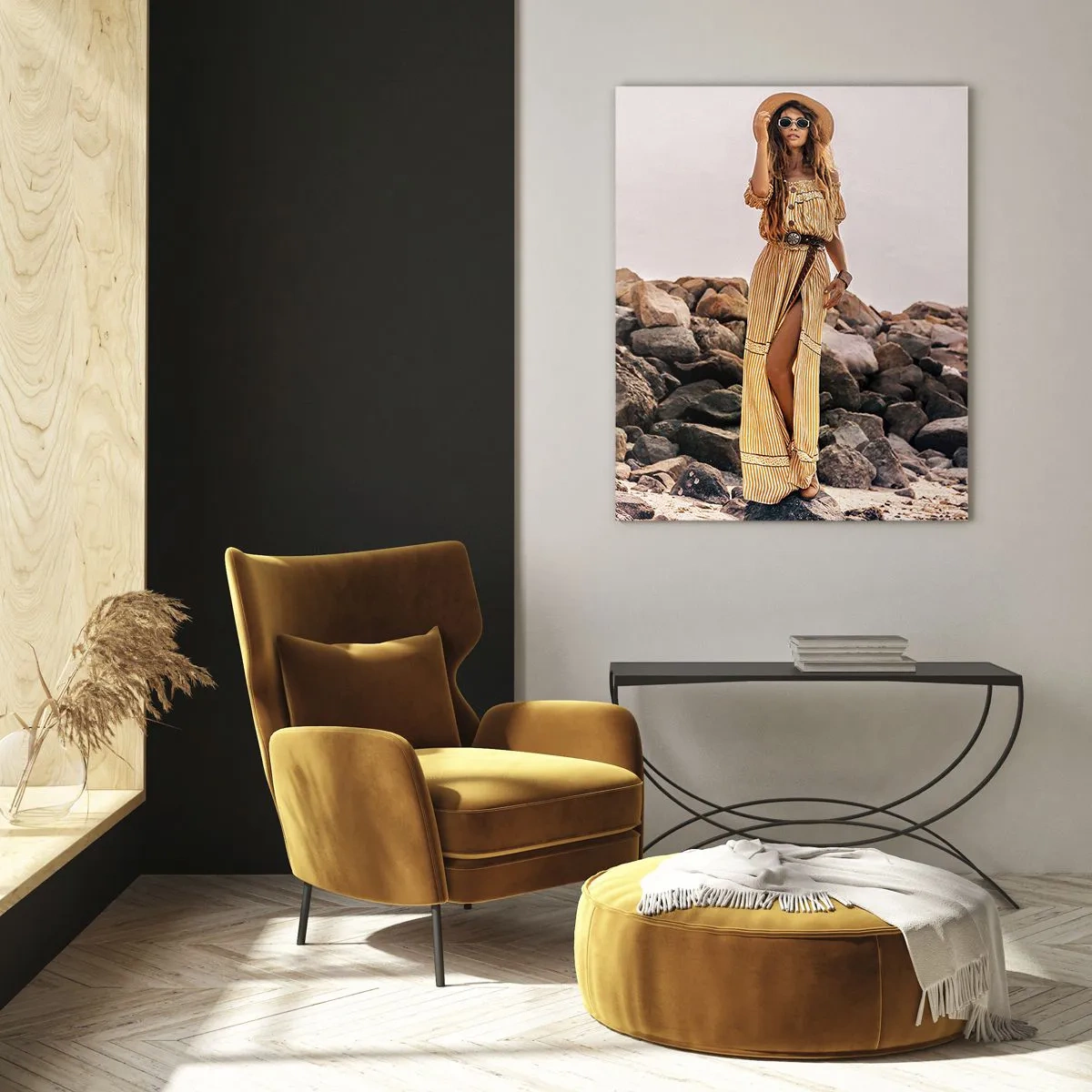 Glasbild - Bild auf glas - Eine Frau in einem Kleid im Boho-Stil vor einer felsigen Küste - 50x70cm - Die Magie der Steine - Moderne Wanddekoration für Wohnzimmer und Schlafzimmer ARTTOR