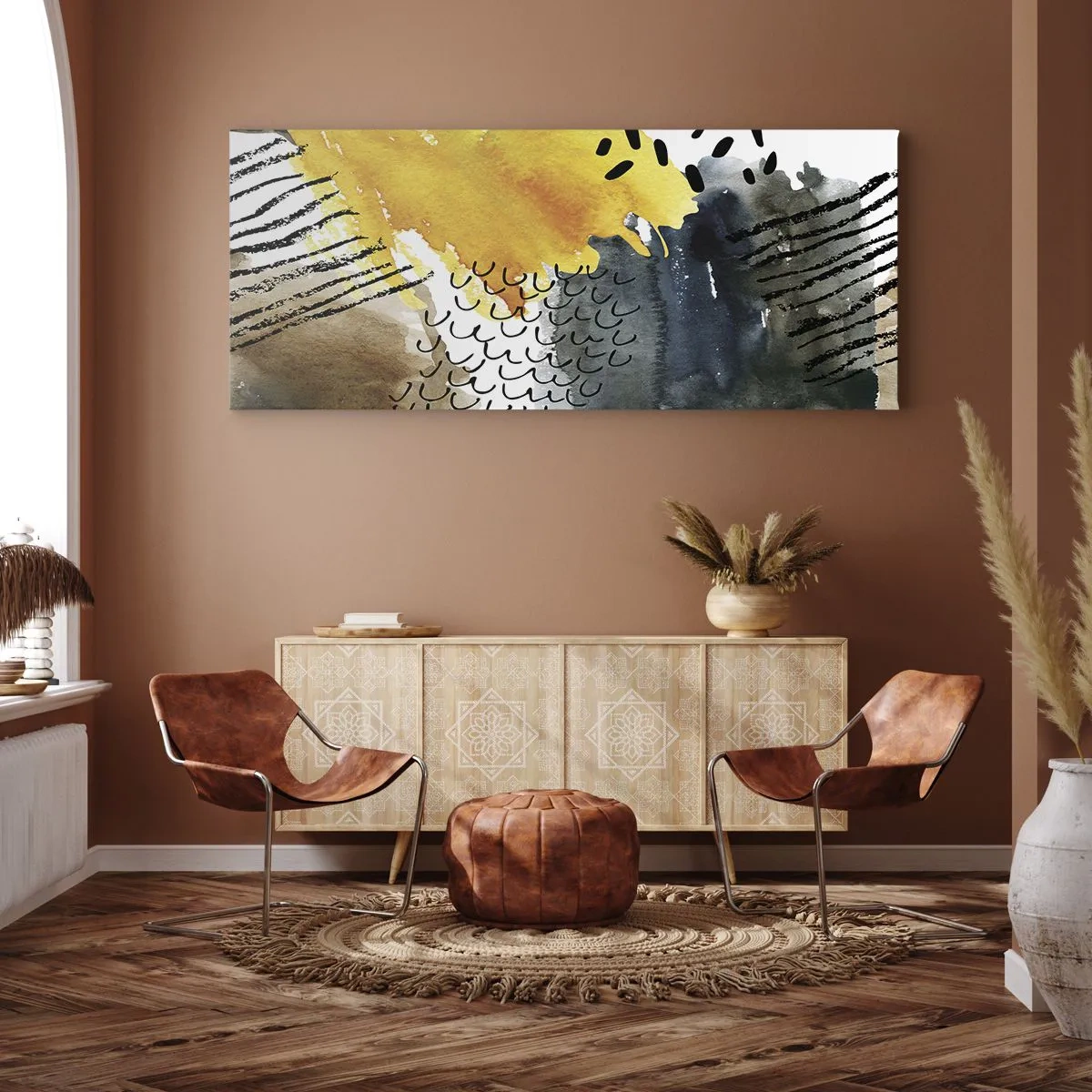 Bild auf Leinwand - Leinwandbild - Eine abstrakte Komposition mit gelben Akzenten und grafischen Mustern. - 120x50cm - Ein Treffen der Elemente der Natur - Moderne Wanddekoration für Wohnzimmer und Schlafzimmer ARTTOR