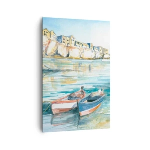 Bild auf Leinwand - Leinwandbild - Eine malerische Küstenlandschaft mit Booten auf dem Wasser - 80x120cm - Landschaft in Azurblau - Moderne Wanddekoration für Wohnzimmer und Schlafzimmer ARTTOR