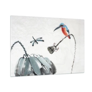 Glasbild - Bild auf glas - Illustration eines bunten Vogels und einer Libelle vor einem Hintergrund aus Vegetation - 100x70cm - Das Leben der Wiese - Moderne Wanddekoration für Wohnzimmer und Schlafzimmer ARTTOR