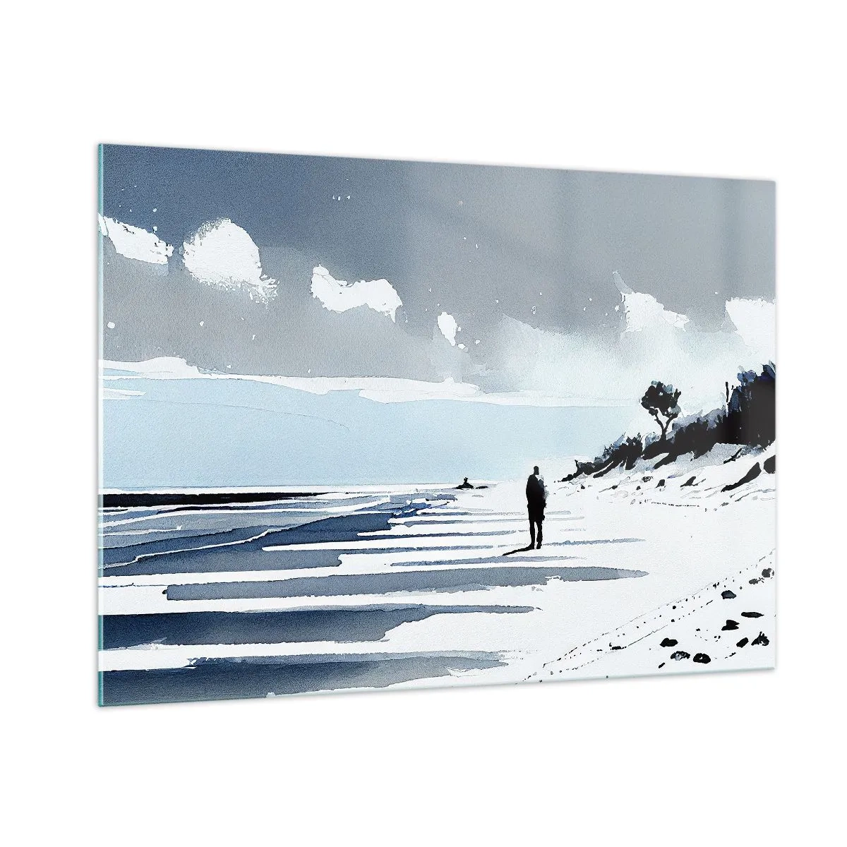 Glasbild - Bild auf glas - Silhouette einer einsamen Person, die an einem leeren Strand spazieren geht - 100x70cm - Allein sein - Moderne Wanddekoration für Wohnzimmer und Schlafzimmer ARTTOR