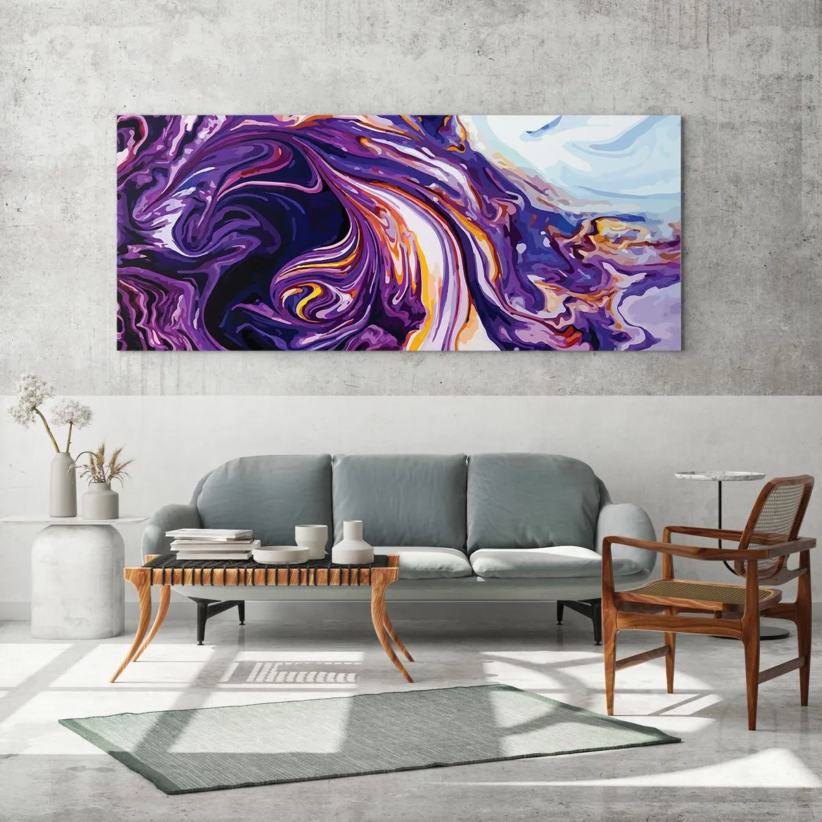 Glasbild - Bild auf glas - Ein dynamisches abstraktes Muster in Lila- und Gelbtönen. - 120x50cm - Die Falte ist lila geworden - Moderne Wanddekoration für Wohnzimmer und Schlafzimmer ARTTOR