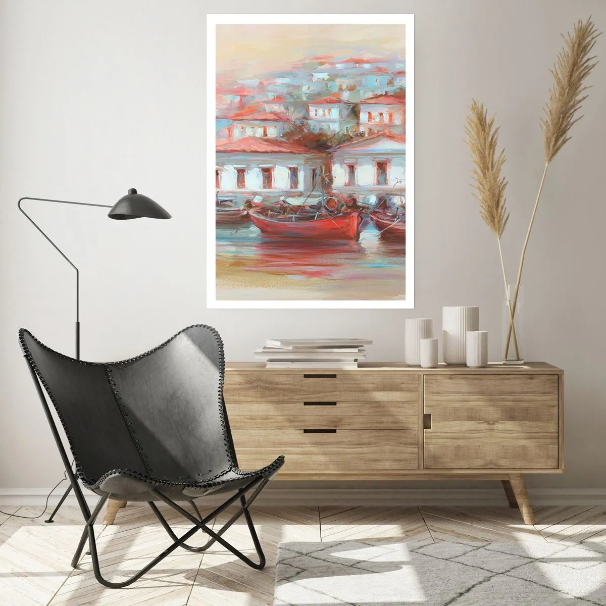 Poster - Eine bunte Stadt mit Booten am Ufer - 50x70cm - Glückliche Stadt - Moderne Wanddekoration für Wohnzimmer und Schlafzimmer ARTTOR