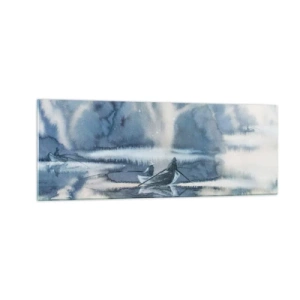 Glasbild - Bild auf glas - Aquarelllandschaft mit Booten auf einem See, umgeben von einem nebligen Wald - 140x50cm - Angler in ihrem Paradies - Moderne Wanddekoration für Wohnzimmer und Schlafzimmer ARTTOR