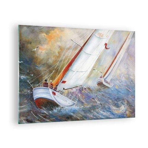 Glasbild - Bild auf glas - Segelboote in rauer See während einer Regatta - 70x50cm - Durch die Wellen laufend - Moderne Wanddekoration für Wohnzimmer und Schlafzimmer ARTTOR