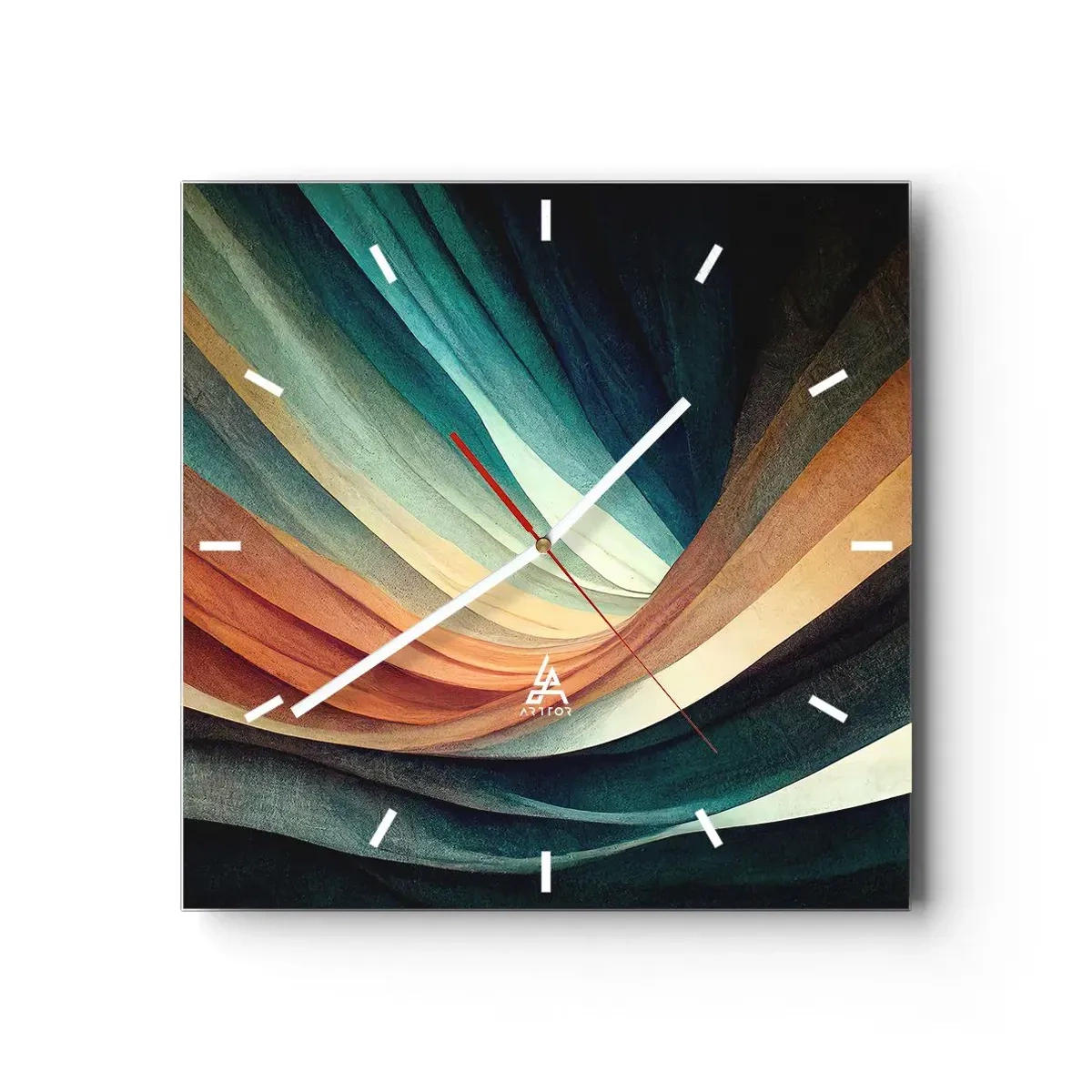 Wanduhr - Glasuhr - Abstrakte Wellen in warmen und kühlen Farbtönen - 30x30cm - Aus Farben gewebt - Moderne Wanddekoration für Wohnzimmer und Schlafzimmer ARTTOR