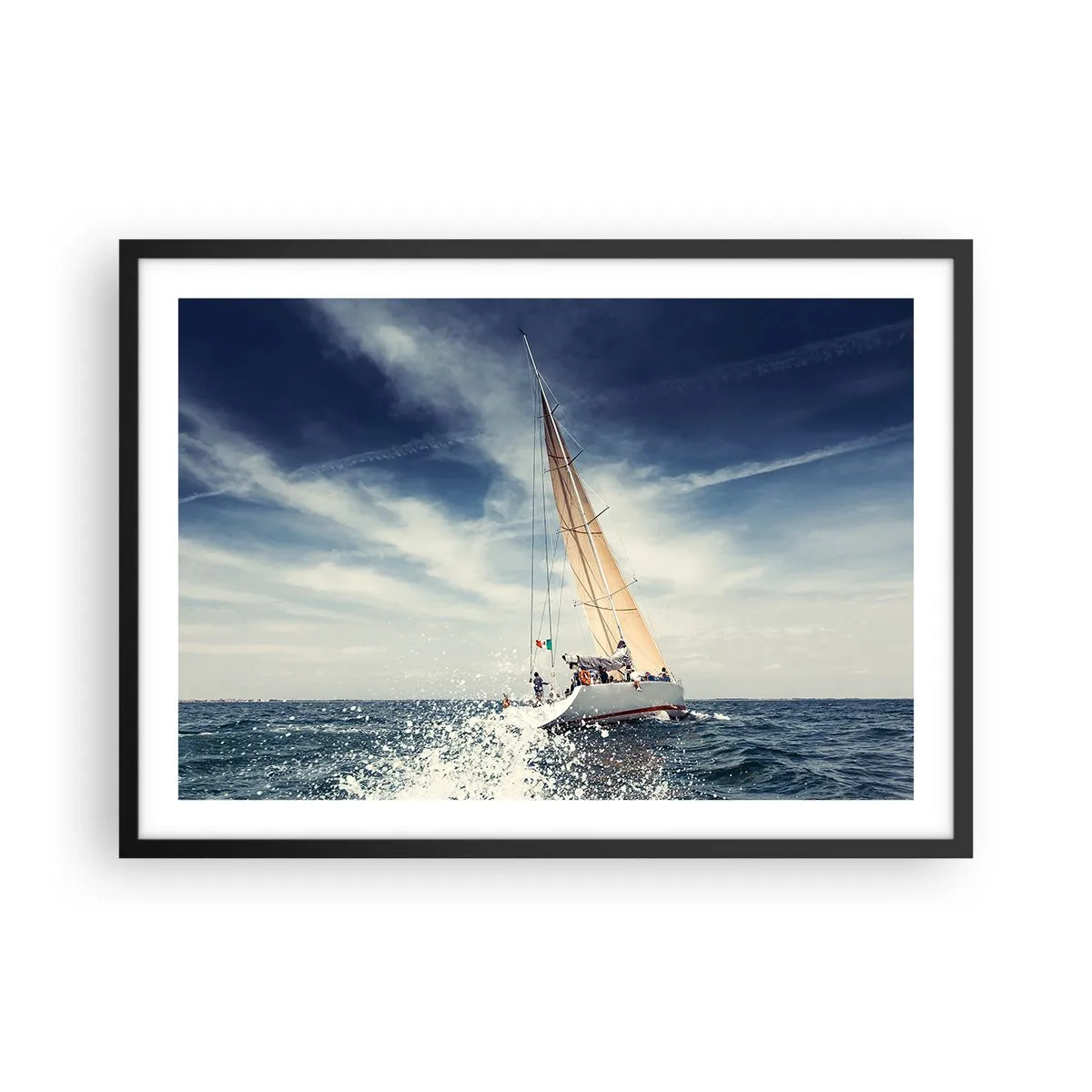 Poster in einem schwarzem Rahmen - Ein Segelboot auf stürmischer See unter blauem Himmel - 70x50cm - Sie werden uns nicht einholen! - Moderne Wanddekoration für Wohnzimmer und Schlafzimmer ARTTOR