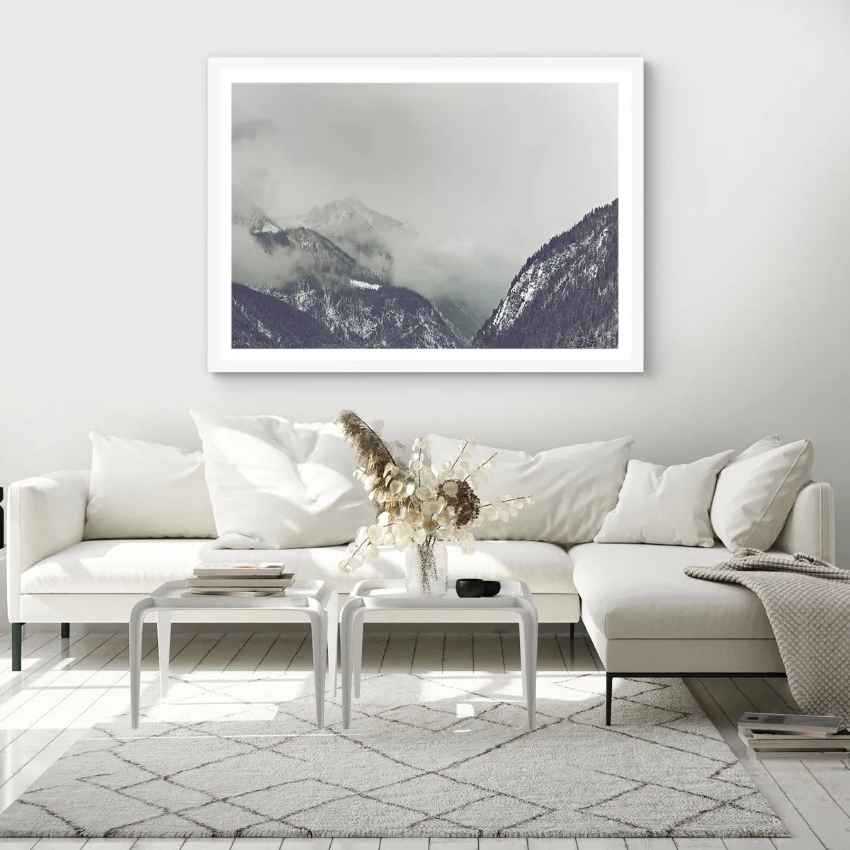 Poster in einem weißen Rahmen - Nebliges Tal - 50x40 cm