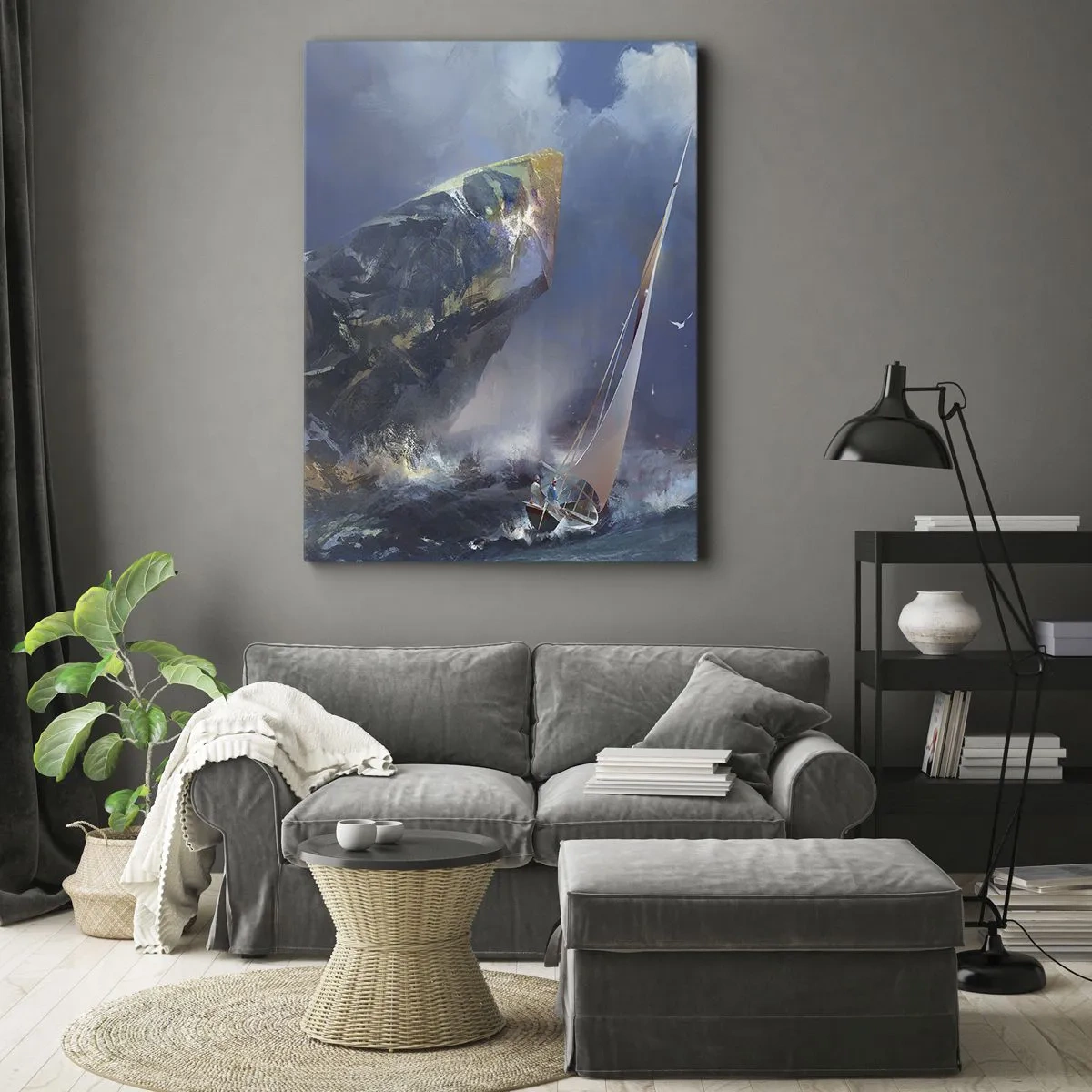 Bild auf Leinwand - Leinwandbild - Ein Segelboot im Sturm am Fuße eines massiven Felsens - 50x70cm - Wer den Mut hat, gewinnt - Moderne Wanddekoration für Wohnzimmer und Schlafzimmer ARTTOR