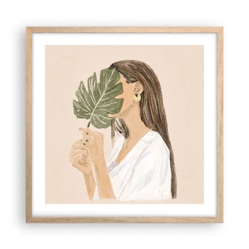 Poster in einem Rahmen aus heller Eiche - Geheimnisvolles Porträt mit Fächer - 50x50 cm