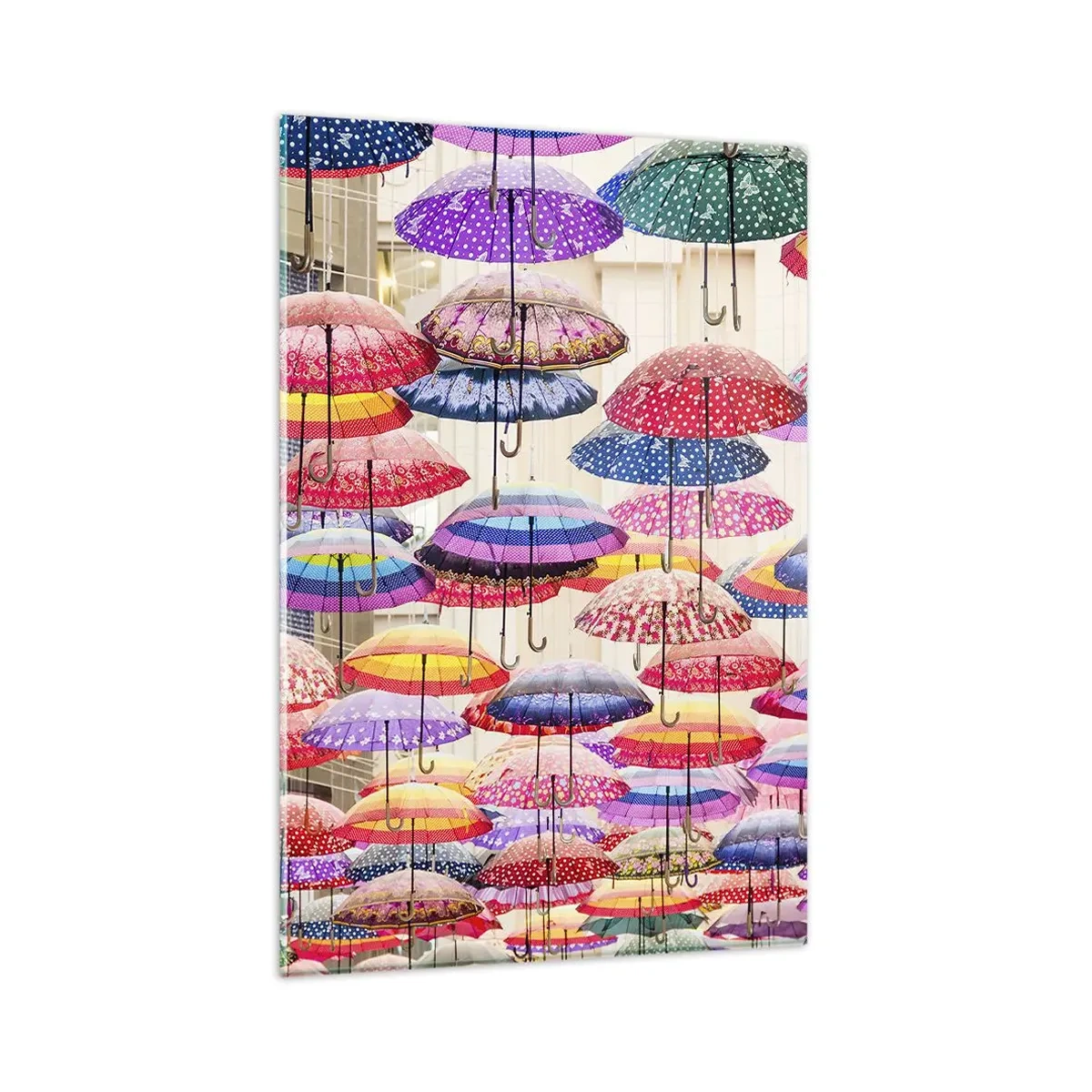 Glasbild - Bild auf glas - Bunte Regenschirme schweben in der Luft - 80x120cm - Stadtwiese - Moderne Wanddekoration für Wohnzimmer und Schlafzimmer ARTTOR