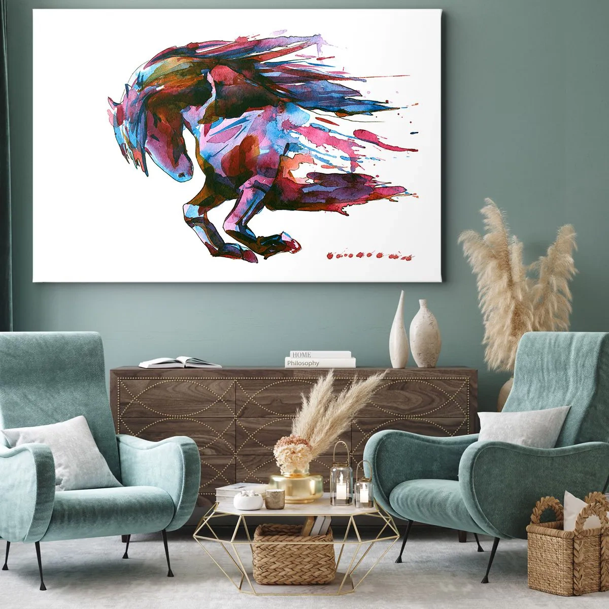 Bild auf Leinwand - Leinwandbild - Ein Pferd in dynamischen abstrakten Farben symbolisiert Freiheit - 120x80cm - In Verzückung - Moderne Wanddekoration für Wohnzimmer und Schlafzimmer ARTTOR