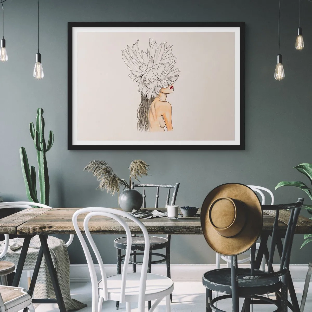 Poster in einem schwarzem Rahmen - Portrait einer Frau mit Federschmuck im künstlerischen Stil - 70x50cm - Gekrönte Schönheit - Moderne Wanddekoration für Wohnzimmer und Schlafzimmer ARTTOR