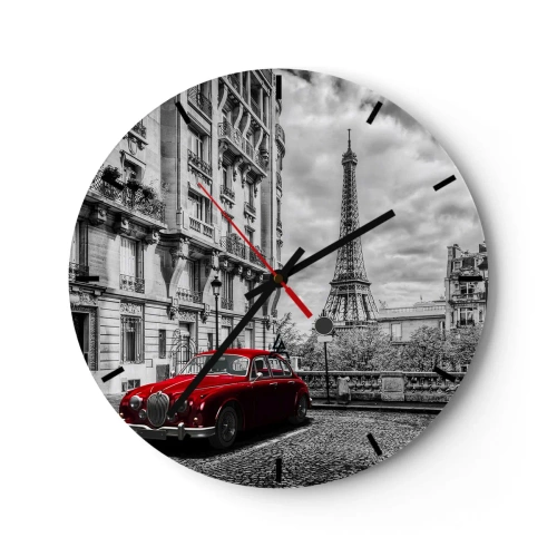 Wanduhr - Glasuhr - Schwarz-Weiß-Ansicht des Eiffelturms mit einem roten Retro-Auto - 30x30cm - Raubtier in der Stadt - Moderne Wanddekoration für Wohnzimmer, Küche und Schlafzimmer ARTTOR