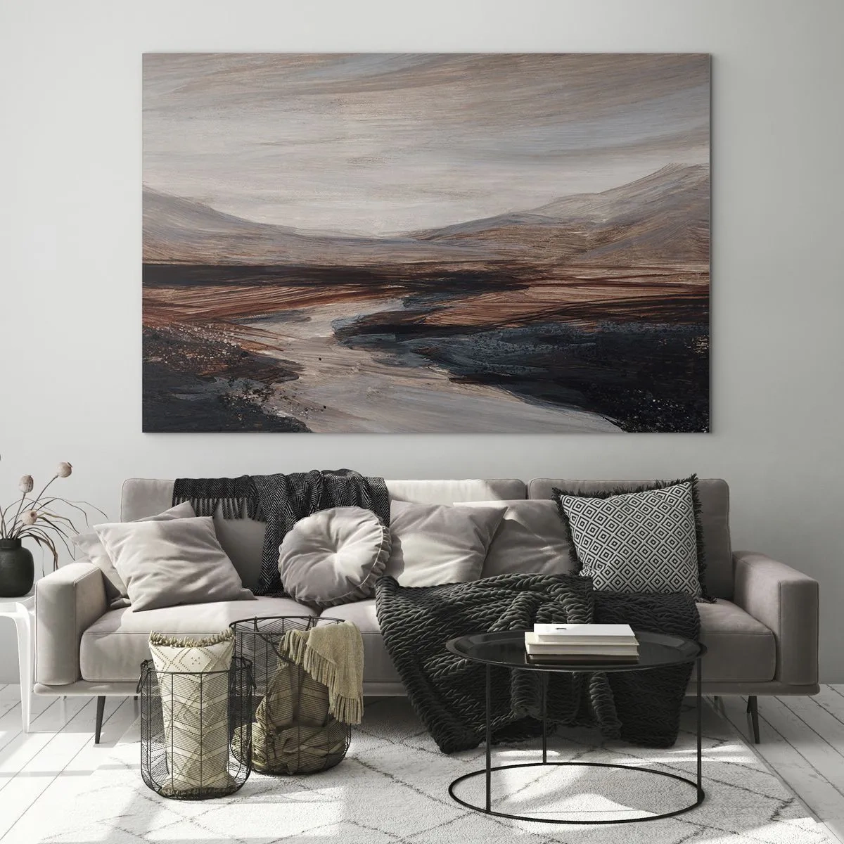 Glasbild - Bild auf glas - Ein malerisches Tal mit einem Fluss in Braun- und Blautönen - 70x50cm - Ruhiges Tal - Moderne Wanddekoration für Wohnzimmer und Schlafzimmer ARTTOR