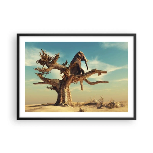 Poster in einem schwarzem Rahmen - Ein Elefant sitzt auf einem Baum in einer surrealen Landschaft - 70x50cm - Ein neuer Standpunkt - Moderne Wanddekoration für Wohnzimmer und Schlafzimmer ARTTOR