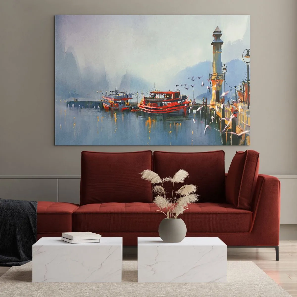 Glasbild - Bild auf glas - Ein Hafen mit roten Booten, einem Leuchtturm und Vögeln vor der Kulisse der Berge - 70x50cm - Am Ende der Welt - Moderne Wanddekoration für Wohnzimmer und Schlafzimmer ARTTOR