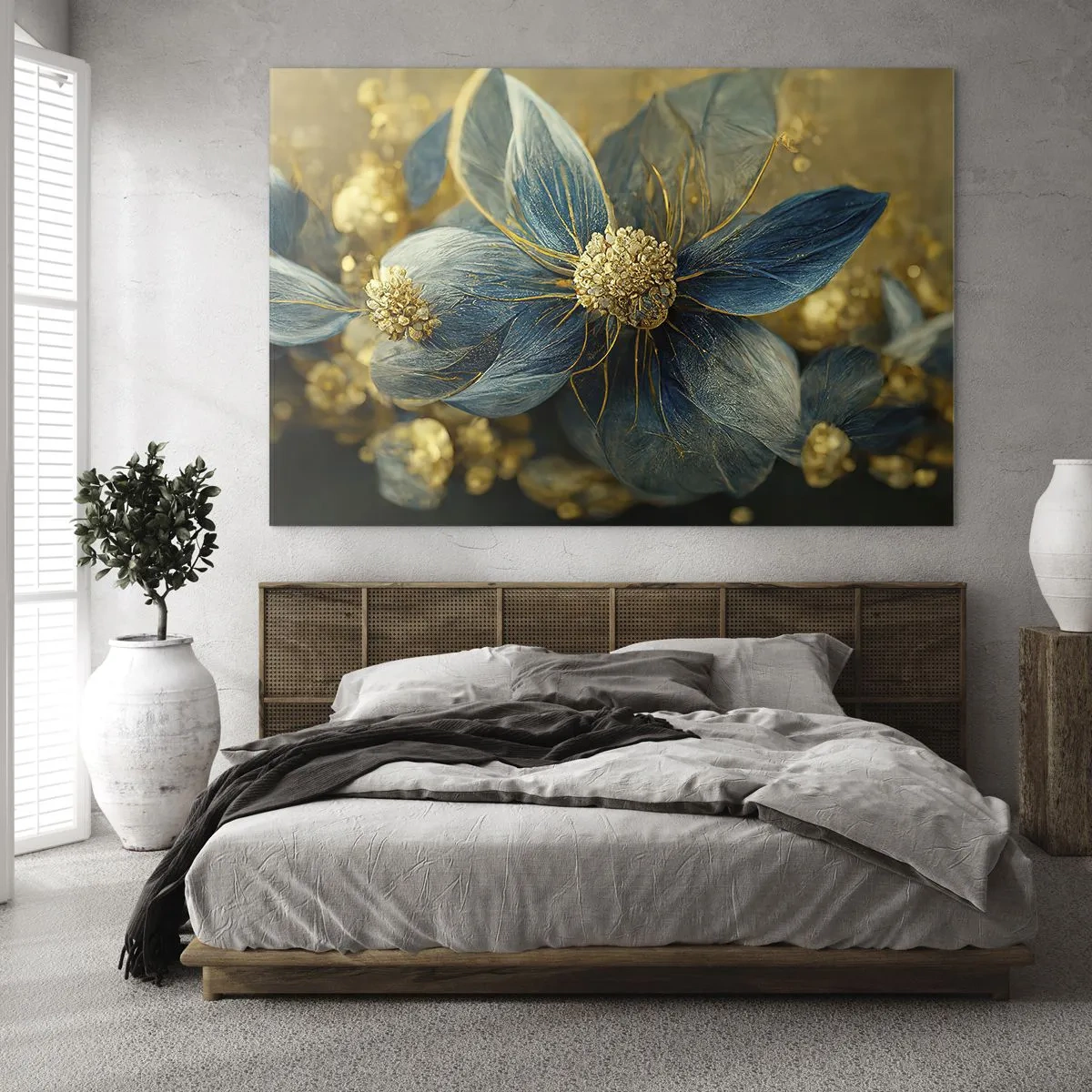 Glasbild - Bild auf glas - Blaue und goldene Blumen mit einem luxuriösen Gefühl - 70x50cm - Mit Gold blühen - Moderne Wanddekoration für Wohnzimmer und Schlafzimmer ARTTOR