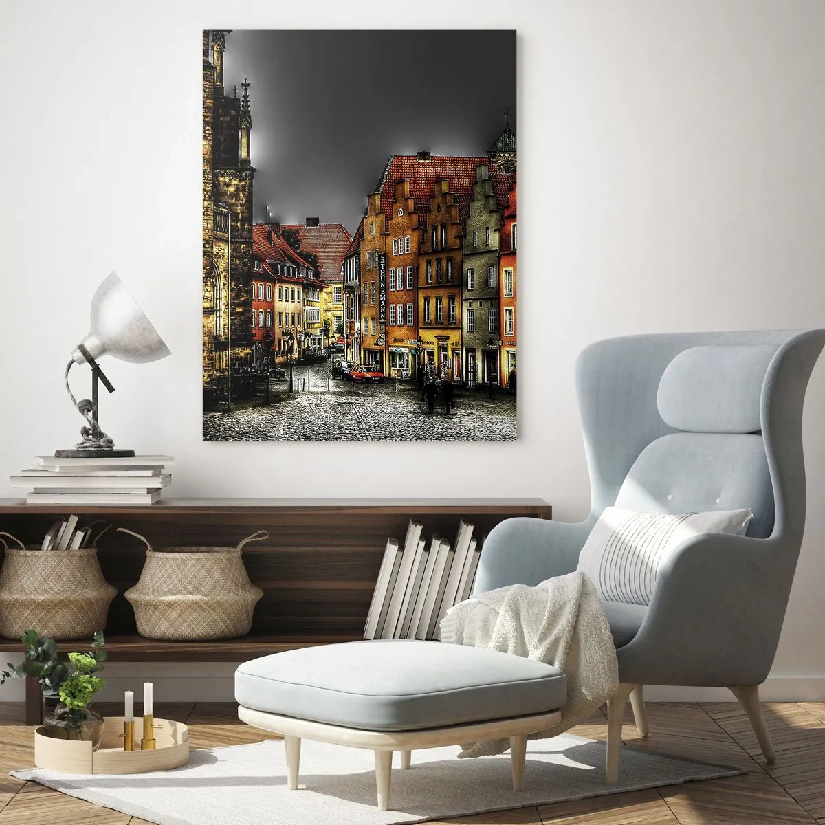 Glasbild - Bild auf glas - Bunte Mietshäuser auf einer Kopfsteinpflasterstraße in der historischen Stadt - 80x120cm - Es fehlt nur noch ein verzaubertes Taxi - Moderne Wanddekoration für Wohnzimmer und Schlafzimmer ARTTOR