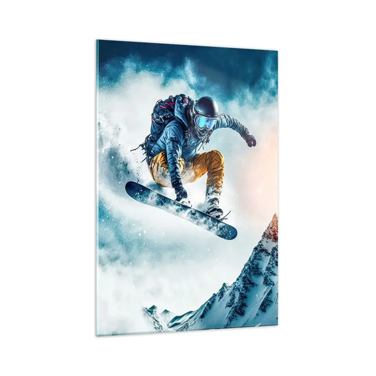 Glasbild - Bild auf glas - Ein Snowboarder fliegt über schneebedeckte Berge - 70x100cm - Extreme Emotionen - Moderne Wanddekoration für Wohnzimmer und Schlafzimmer ARTTOR
