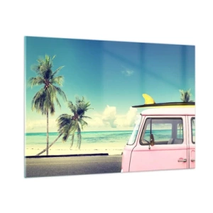 Glasbild - Bild auf glas - Ein Strand mit Palmen und einem rosa Retro-Van am Meer - 100x70cm - Zeit um in die Ferien zu starten - Moderne Wanddekoration für Wohnzimmer und Schlafzimmer ARTTOR