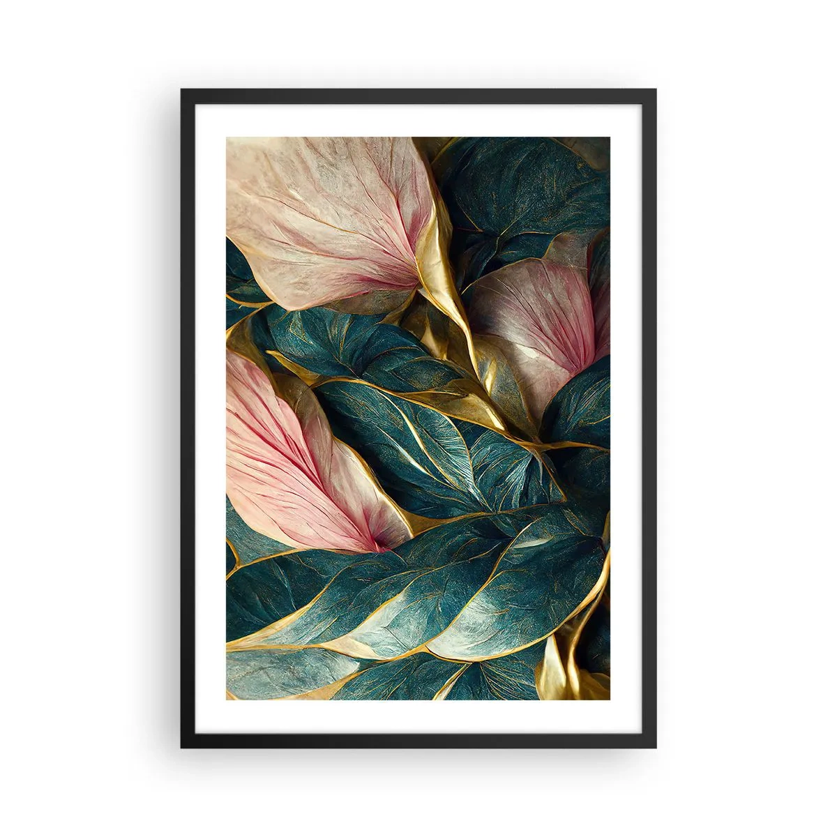Poster in einem schwarzem Rahmen - Eine elegante Komposition aus Blättern in Grün-, Gold- und Rosatönen - 50x70cm - Natürliche Eleganz und Stil - Moderne Wanddekoration für Wohnzimmer und Schlafzimmer ARTTOR