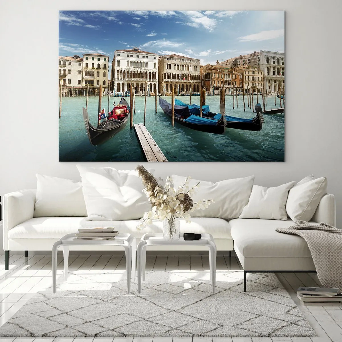 Glasbild - Bild auf glas - Gondeln auf einem Kanal in Venedig an einem sonnigen Tag - 120x80cm - Paläste in Blau - Moderne Wanddekoration für Wohnzimmer und Schlafzimmer ARTTOR