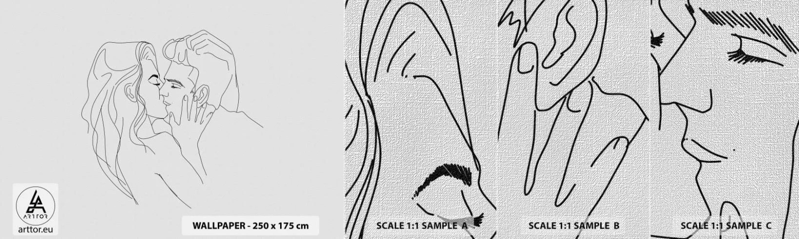 Fototapeten Muster Premium Canvas - Dieselbe Linie - Grafik, Verliebtes Pärchen, Kuss - 100x30 cm
