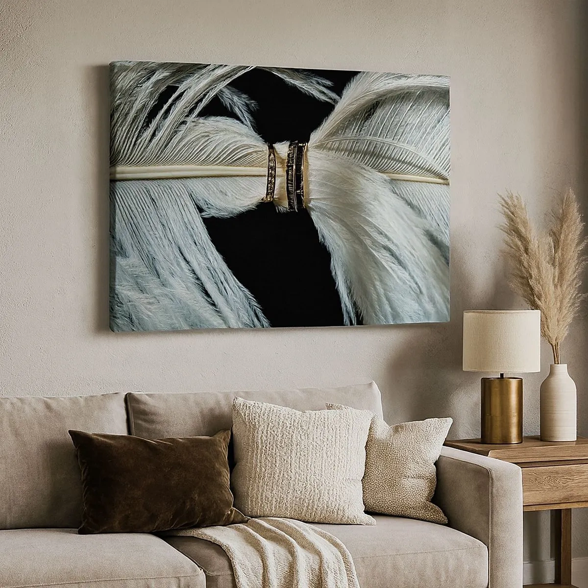 Bild auf Leinwand - Leinwandbild - Eine weiße Feder mit zwei goldenen Ringen auf schwarzem Hintergrund - 70x50cm - ... und ich werde dich nicht verlassen ... - Moderne Wanddekoration für Wohnzimmer und Schlafzimmer ARTTOR
